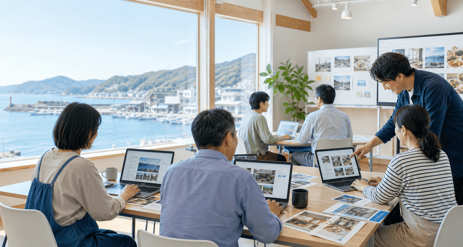 港の見える会場で地域事業者がAIを使ってホームページ制作を体験しているイメージ