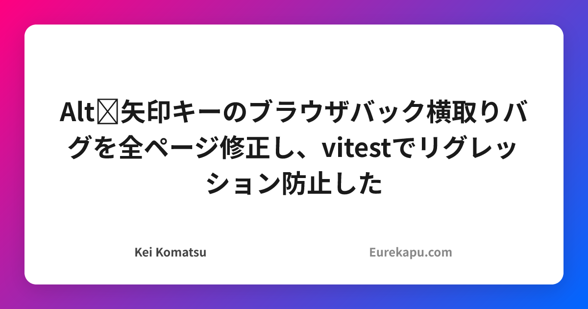 Alt+矢印キーのブラウザバック横取りバグを全ページ修正し、vitestでリグレッション防止した